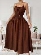 Women's Elegant Coffee-colored Front Bow Waist Drawstring Loose Spaghetti Suspender Dress Casual Dress - Coffee Brown