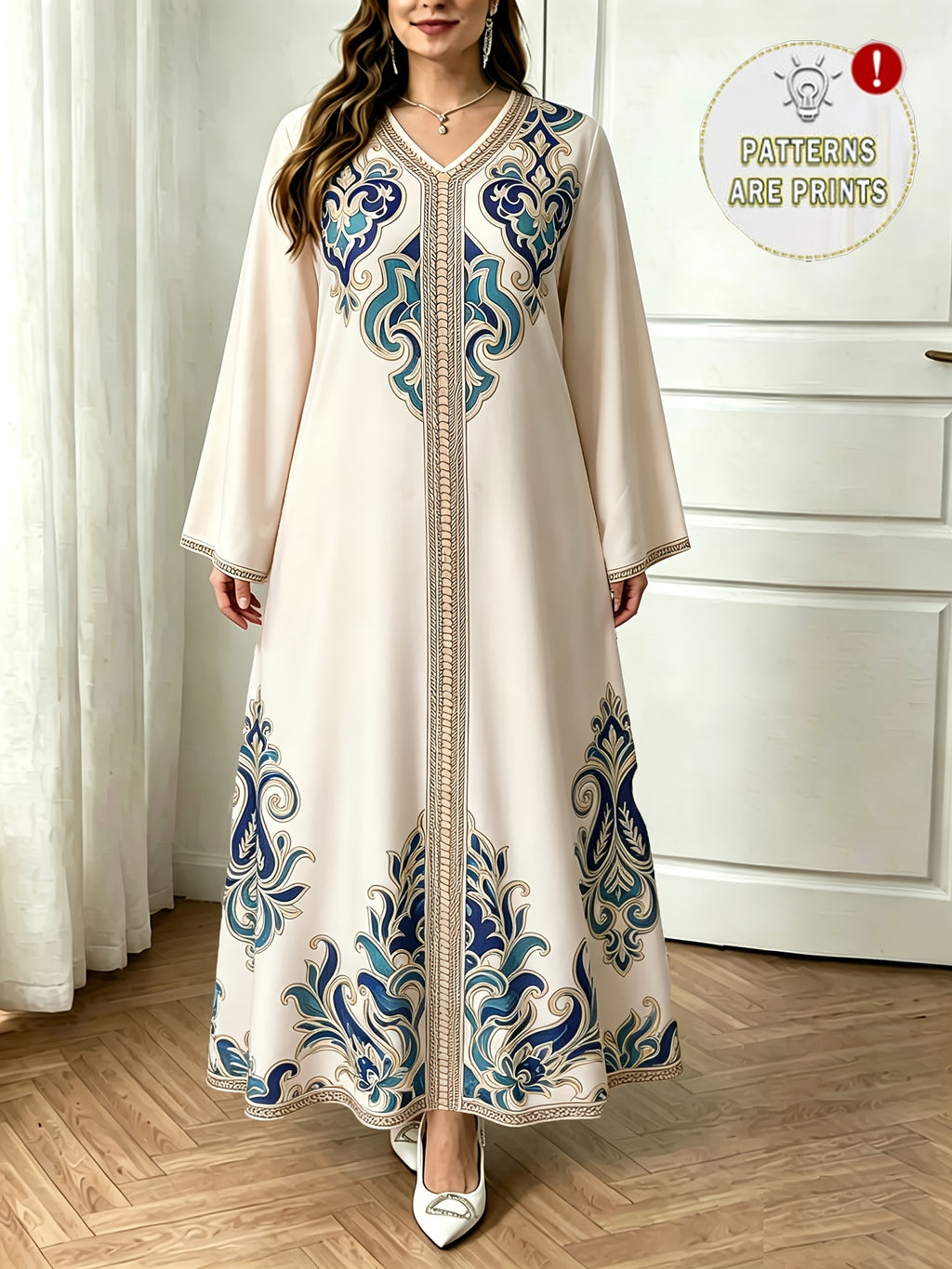 Plus Size - 2026 Middle Eastern Elegant Robe Spring Autumn Plus Size Fashion Women'S Ethnic Print Temperament Commuter Loose Comfortable Vacation Style Long Sleeve Dress 1 - Apricot