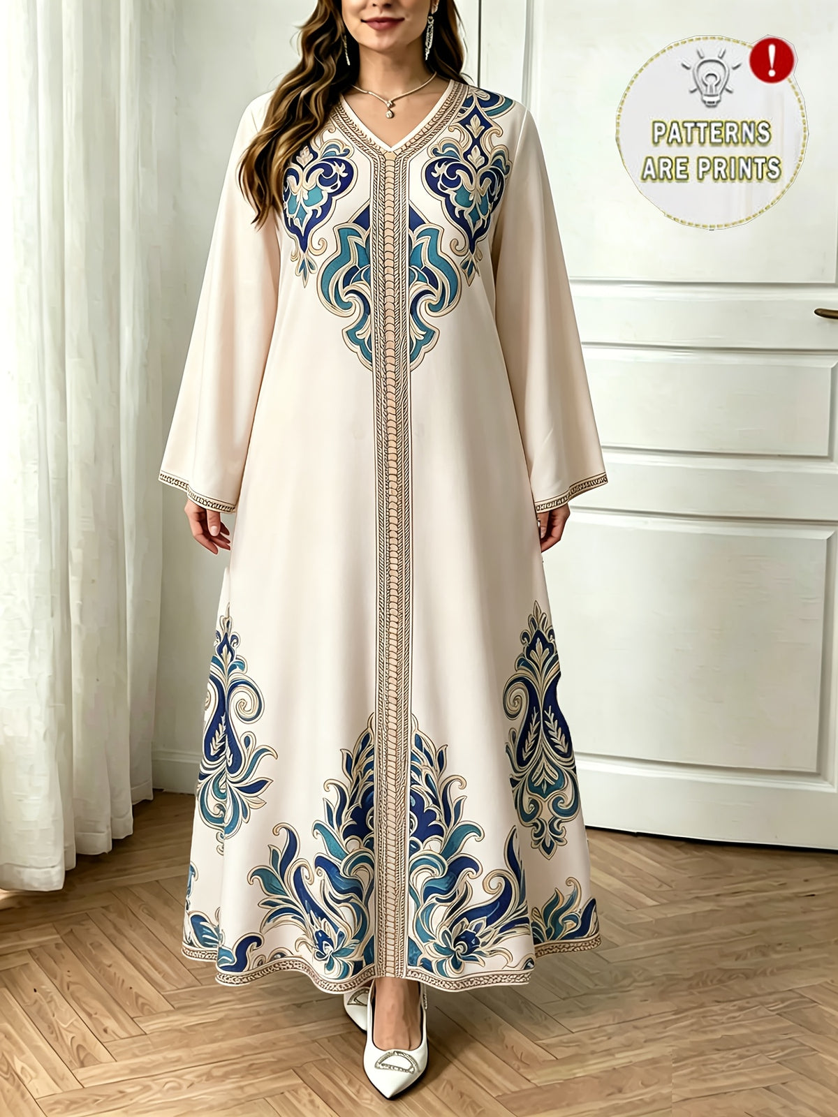 Plus Size - 2026 Middle Eastern Elegant Robe Spring Autumn Plus Size Fashion Women'S Ethnic Print Temperament Commuter Loose Comfortable Vacation Style Long Sleeve Dress 1 - Apricot
