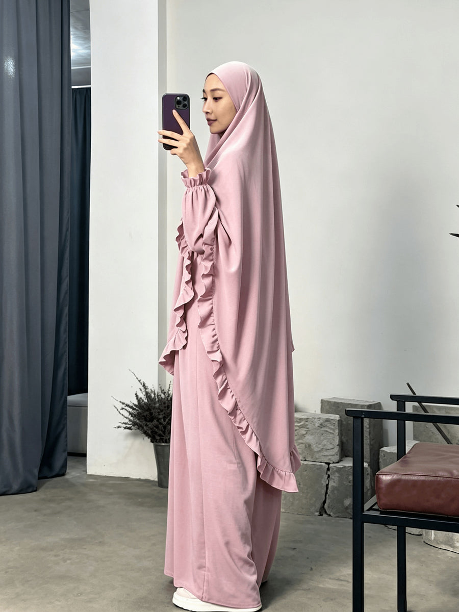 2pcs Set: Middle East Dubai 2pcs Set, Including 1 Solid Color Long Headscarf + 1 Long Robe, Women's Fashion Loose Robe Ramadan Prayer Outfit - Pink Color