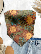 Women'S Spring/Summer New Brand Special Boho Beach Tropical Vacation Outfits | Retro Sun Pattern Print Slim Fit Bustier Crop Tops with Asymmetrical Bandeau Collar - Olive