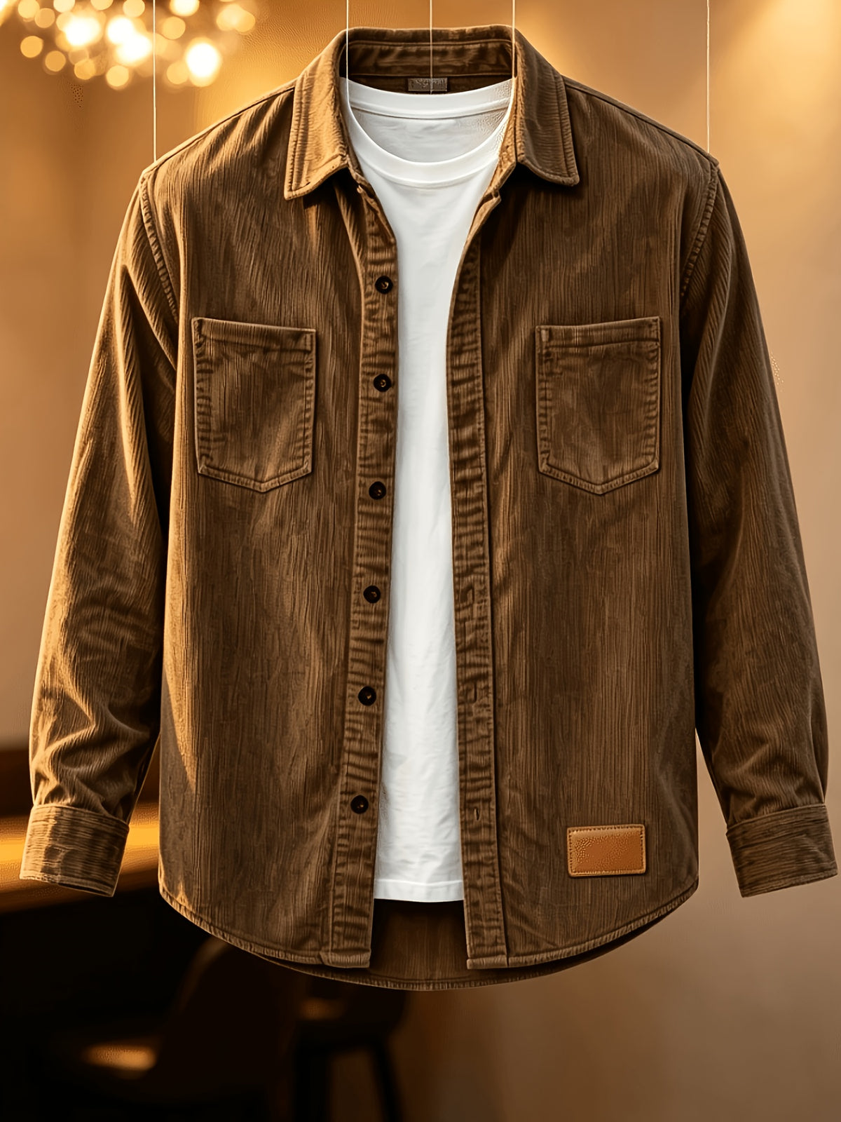 Men'S Fashion Corduroy Solid Color Lapel Shirt, Pocket Embellished Casual Open Front Blouse Men'S Top Shirt - Coffee Color