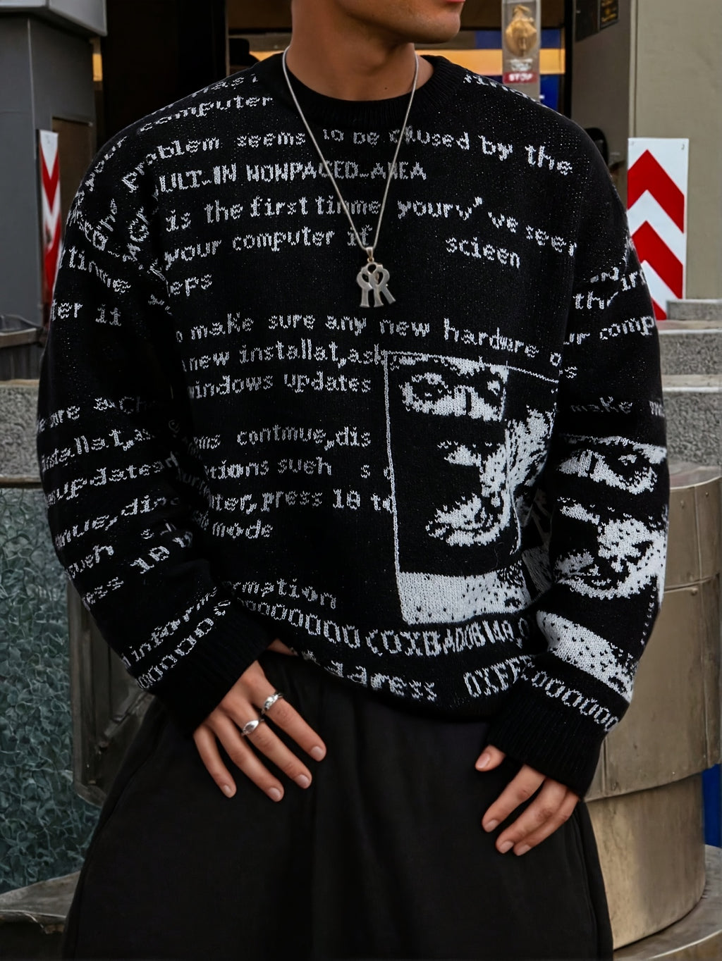 Autumn/Winter New Arrival European, American, Japanese, and Korean Style Unisex Casual Vintage Abstract Letter Newspaper Pattern Jacquard Long Sleeve Fabric Crew Neck Pullover Knit Top for Men and Women - Black