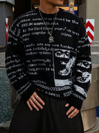 Autumn/Winter New Arrival European, American, Japanese, and Korean Style Unisex Casual Vintage Abstract Letter Newspaper Pattern Jacquard Long Sleeve Fabric Crew Neck Pullover Knit Top for Men and Women - Black
