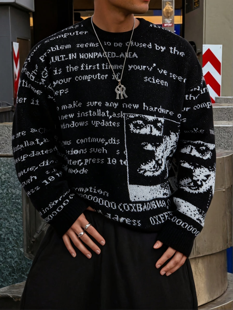 Autumn/Winter New Arrival European, American, Japanese, and Korean Style Unisex Casual Vintage Abstract Letter Newspaper Pattern Jacquard Long Sleeve Fabric Crew Neck Pullover Knit Top for Men and Women - Black