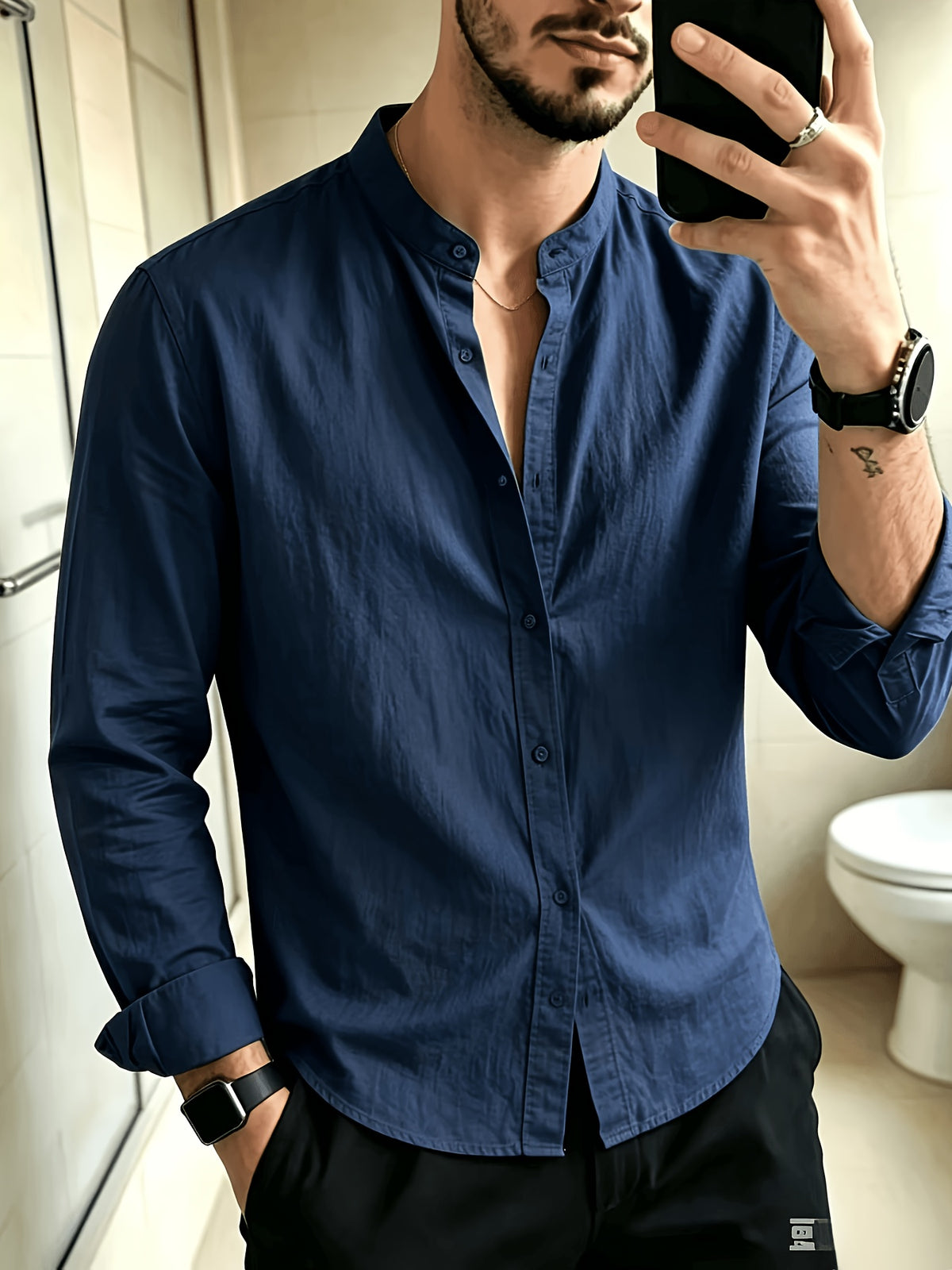 New Men'S Street Style Stand Collar Long Sleeve Shirts, Loose Fit Casual Blouse, Breathable Versatile Outer Tops for Men Fall Daily Street Going Out Wear - Navy Color