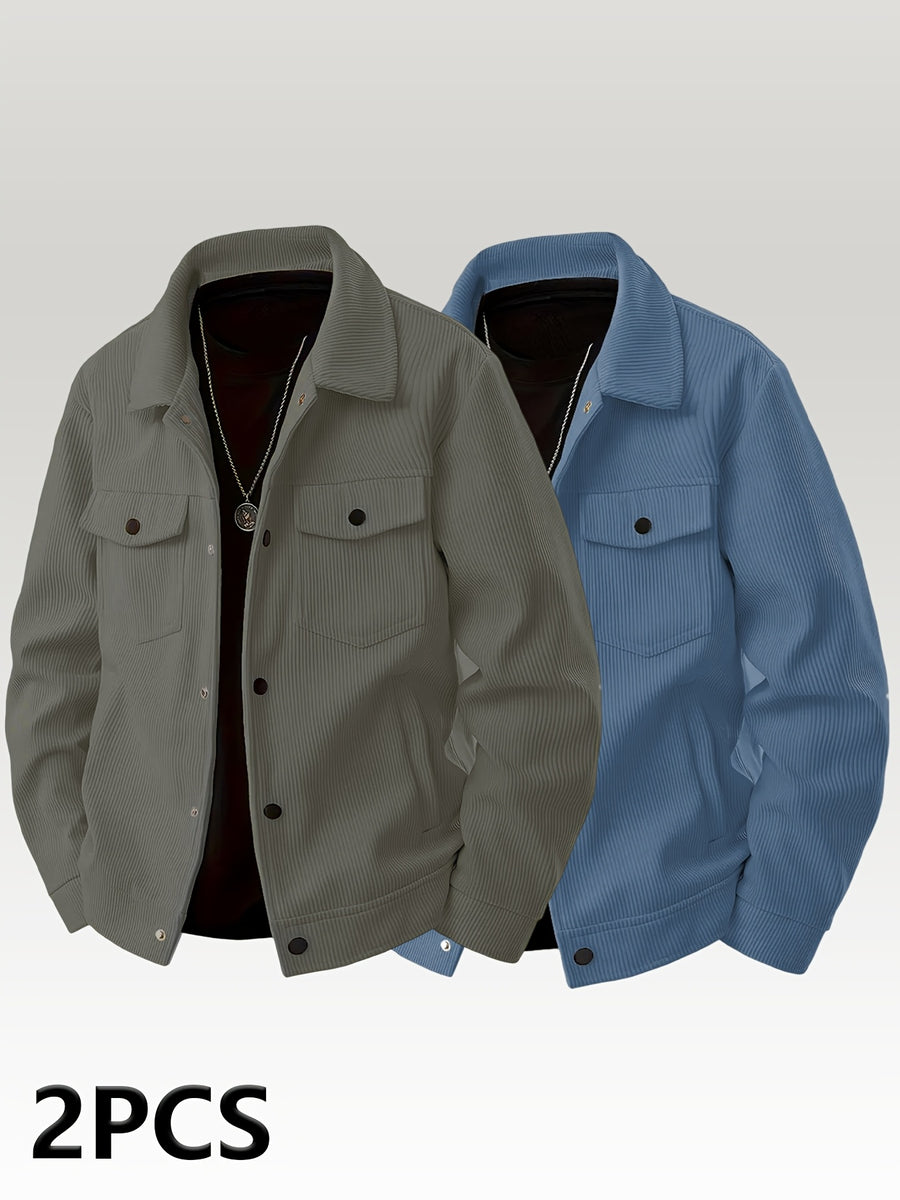 [Pearson OBM] Autumn Hot Style Retro Style Lapel Men'S Solid Color Easy Comfortable Warm Corduroy Cargo Jacket, Encountering Pre-Modern Cross-Border Fashion Jacket 2pcs Set - Grey+Blue