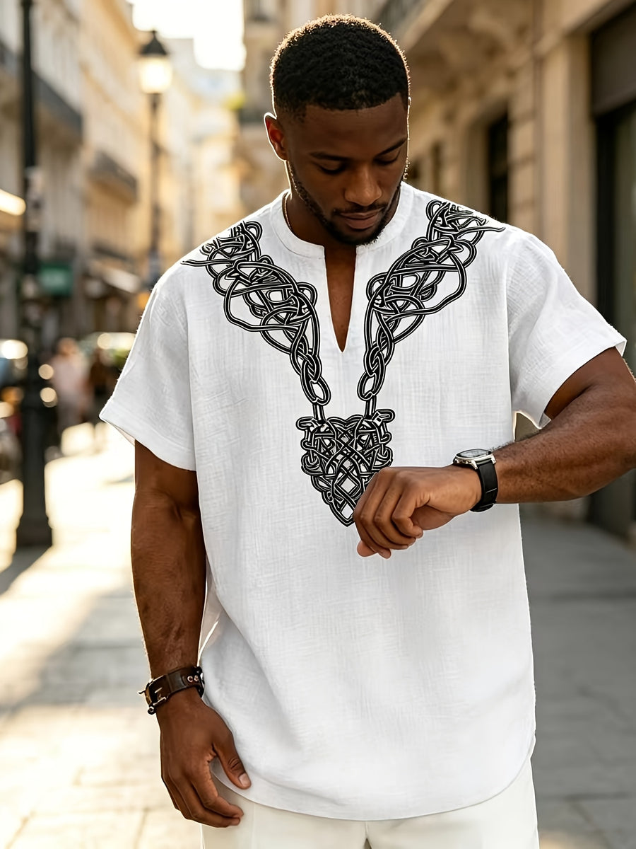 2026 New American Summer Men'S Lightweight Bamboo Rayon Rayon Braid Loose Rune Print V-Neck Casual Short Sleeve - White