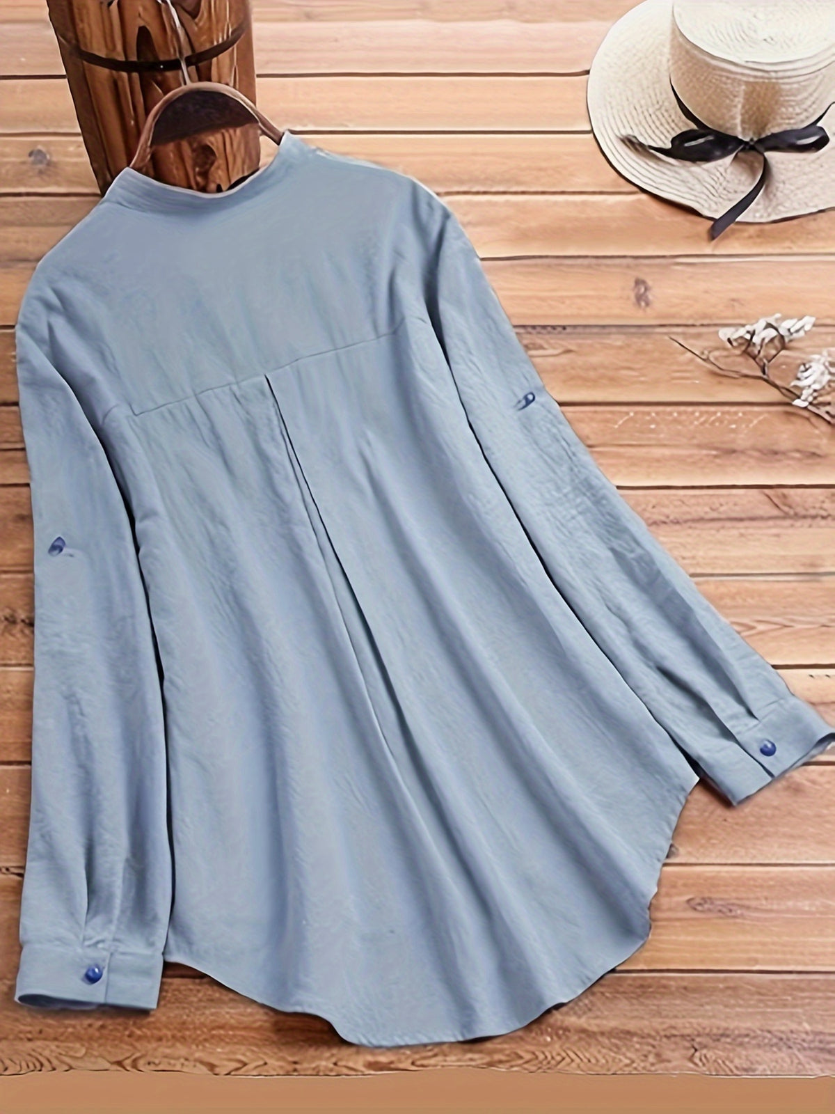 Cat & Butterfly Print Button Up Shirt, Casual Long Sleeve Shirt For Spring & Fall, Women's Clothing - Light Blue