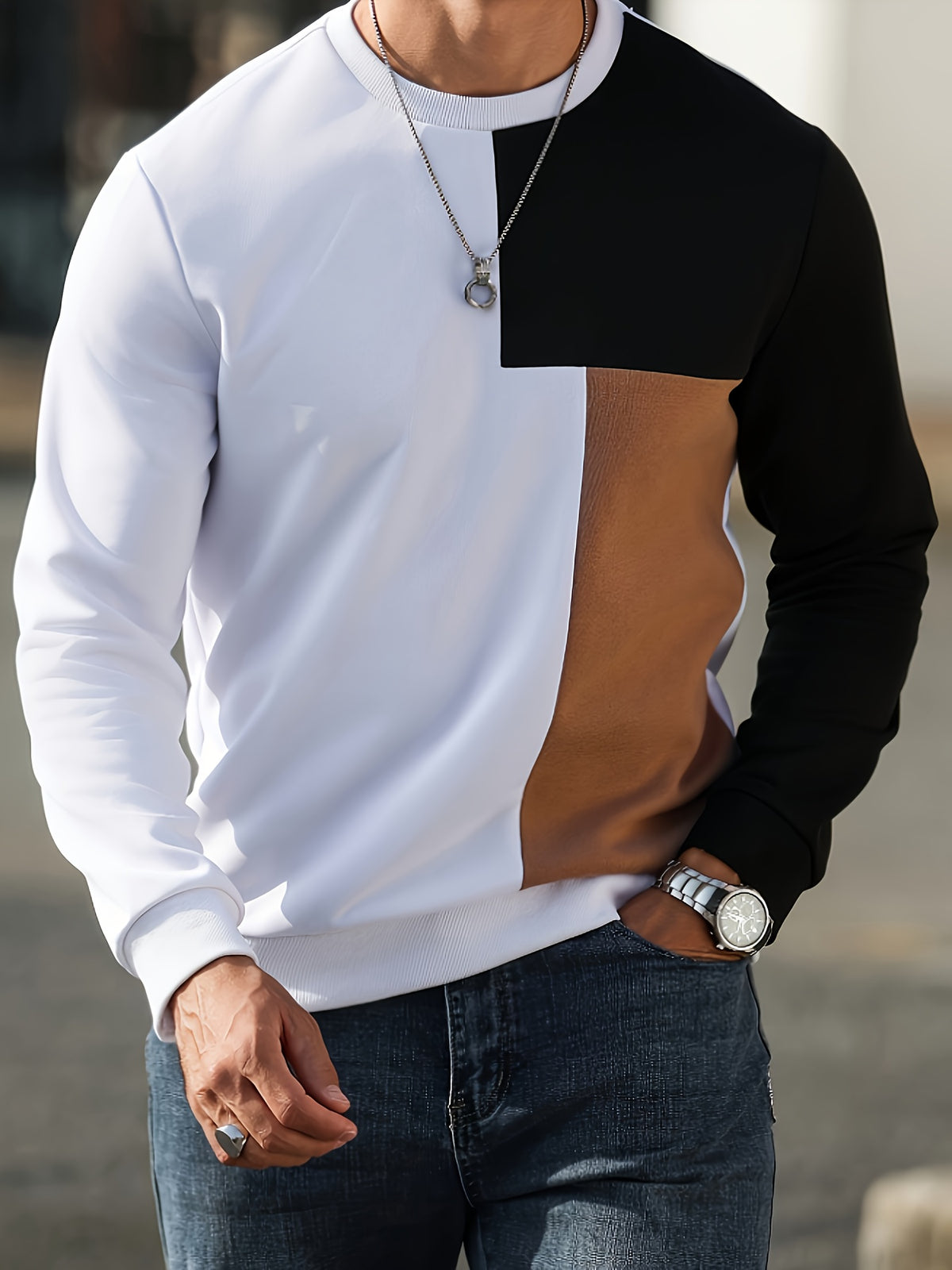 Men'S Fashion Casual Round Neck Patchwork Athletic Pullover Sweatshirt - Black