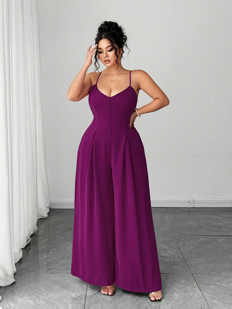 Women's New Summer Fashion Casual Solid Color Jumpsuit, Elegant and Dignified with Button Shoulder Straps, Pleated Waist, and Wide-Leg Design - Purple