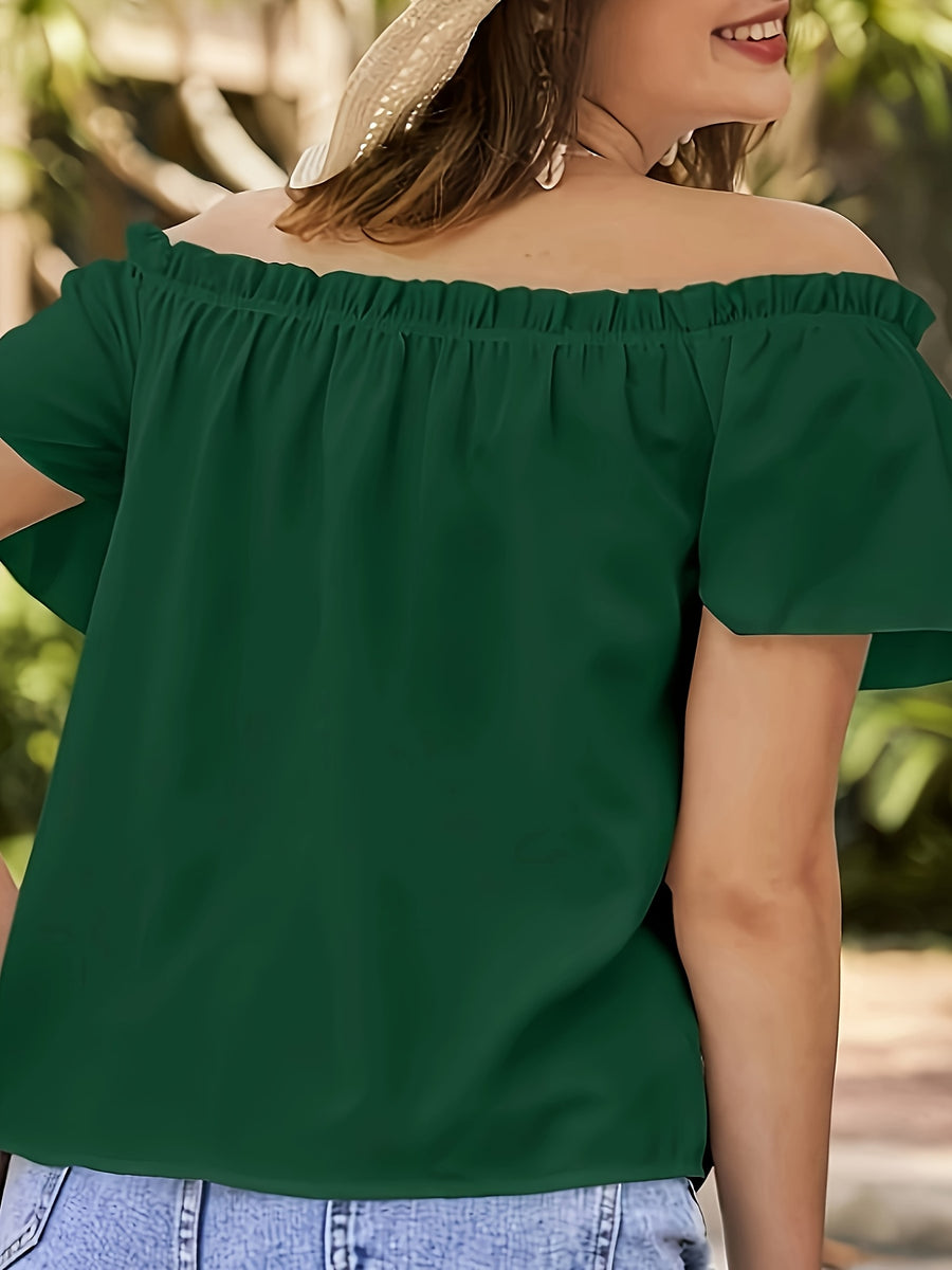 Women'S Spring Summer New Fashion Solid Color Minimalist Off-Shoulder Blouse with Fabric Ruffle Trim - Versatile Short-Sleeve Top for Casual, Vacation And Daily Dates - Green