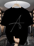 Handwritten Style Letter A Print T-Shirt, Minimalist Line Short Sleeve - Black