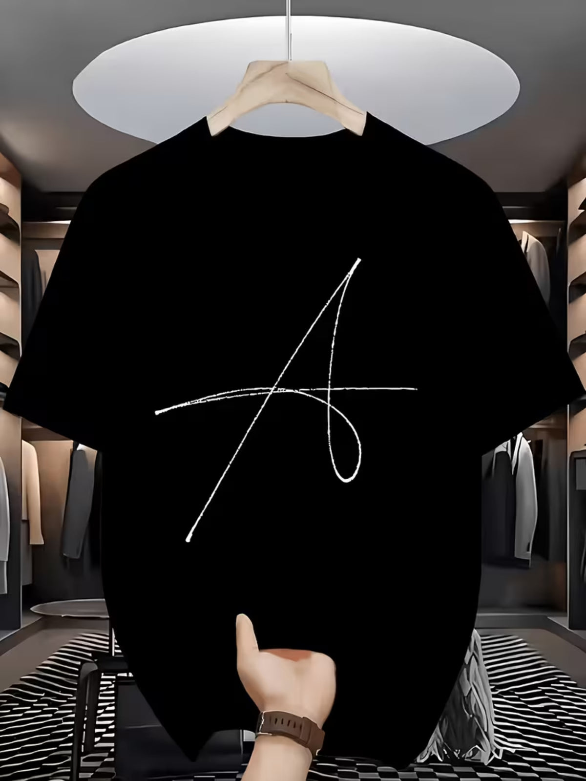 Handwritten Style Letter A Print T-Shirt, Minimalist Line Short Sleeve - Black