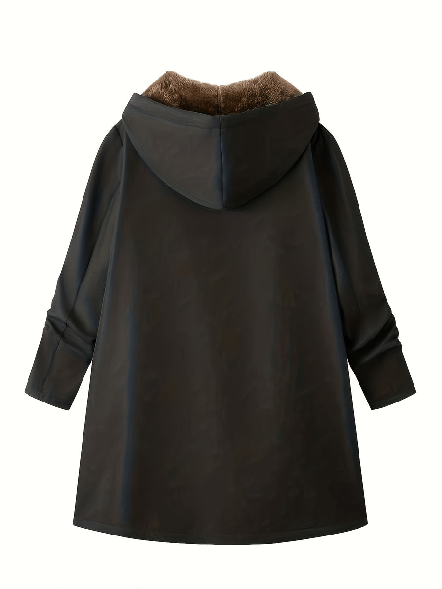 Solid Color Thermal Lined Hooded Jacket for Autumn/Winter Warmth and Casual Wear - Black