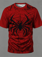 Men'S Casual T-Shirt, Red Base with Black Spider Web And Big Spider Pattern, Trendy Street Style Tee for Daily Outfits, Individual Summer Top [Print Design - No Texture], Breathable, Pockets, Regular Fit, Crew Neck, Short Sleeve - Mixed colors