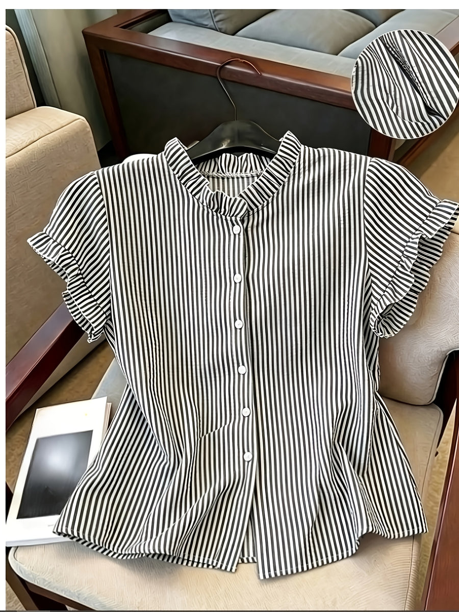 Women's Ruffle Collar Short Sleeve Single-Breasted Striped Shirt, Summer - Black