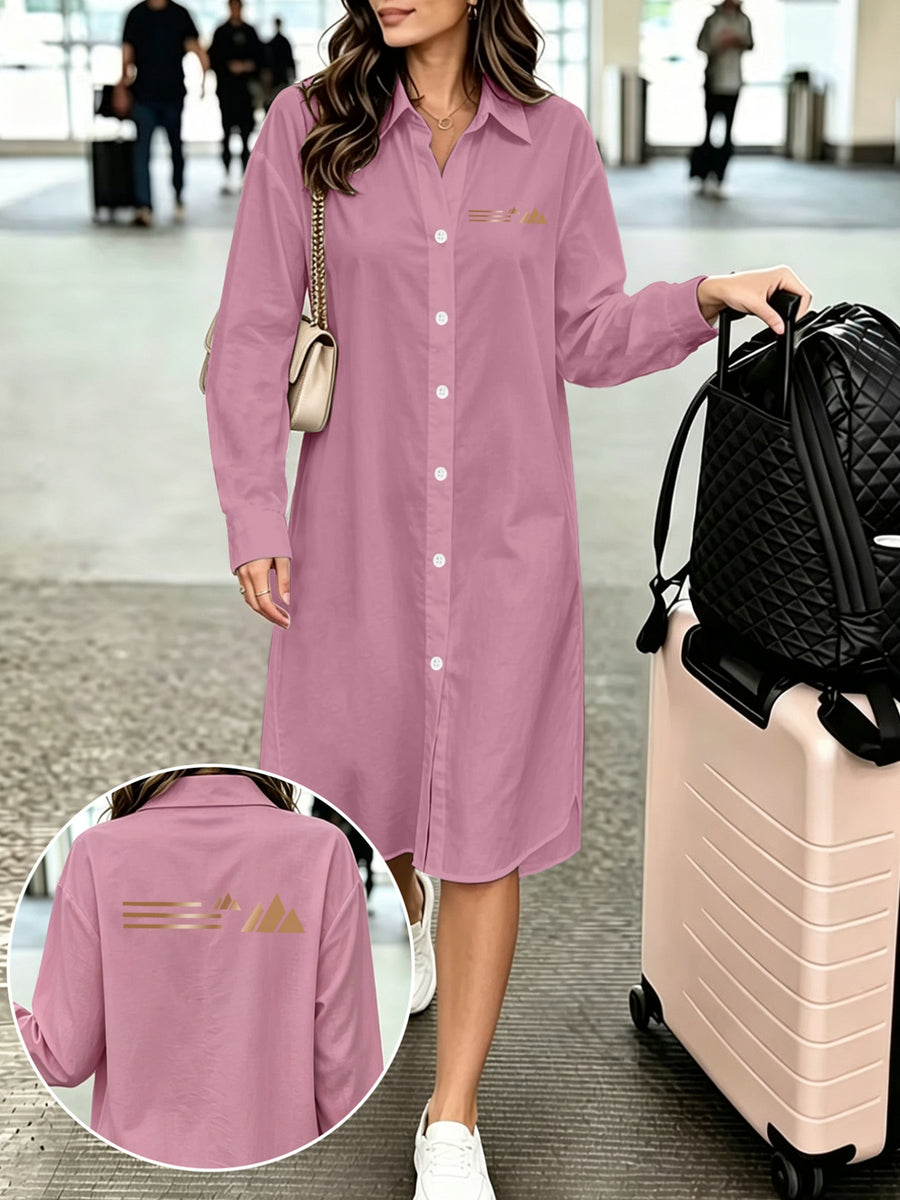 1pc Minimalist Long-Sleeve Shirt Dress with Golden Pattern Decoration on Front and Back, Suitable for Daily Commuting and Travel Wear, Printed New Y2K Style, Women's Elegant Commuter Vacation Dress, Casual Commuter Fashion Versatile Long Shirt - Pink Color