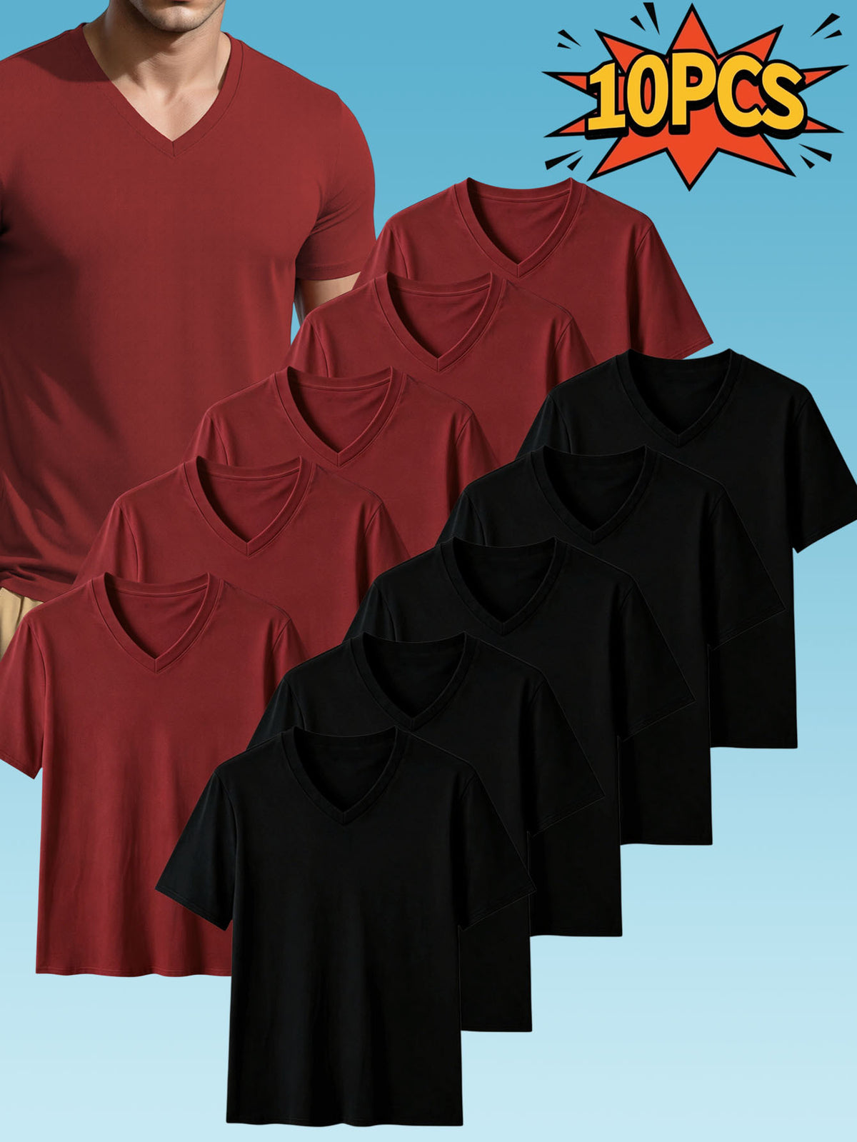 10pcs Men's Casual Knit Ribbed V-Neck T-Shirt / Soft and Comfortable Fabric / Short Sleeve / Solid Color / Crew Neck / Back-to-School Season, Casual Sporty Design Multi-pc Tops, Suitable for Summer Daily Wear - 5 pieces black + 5 pieces burgundy