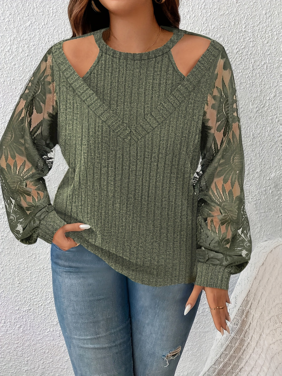Plus Size Women'S Top, Western Fashion New Size Large Faux Two-Piece Lace Patchwork Long Sleeve T-Shirt - Olive Green