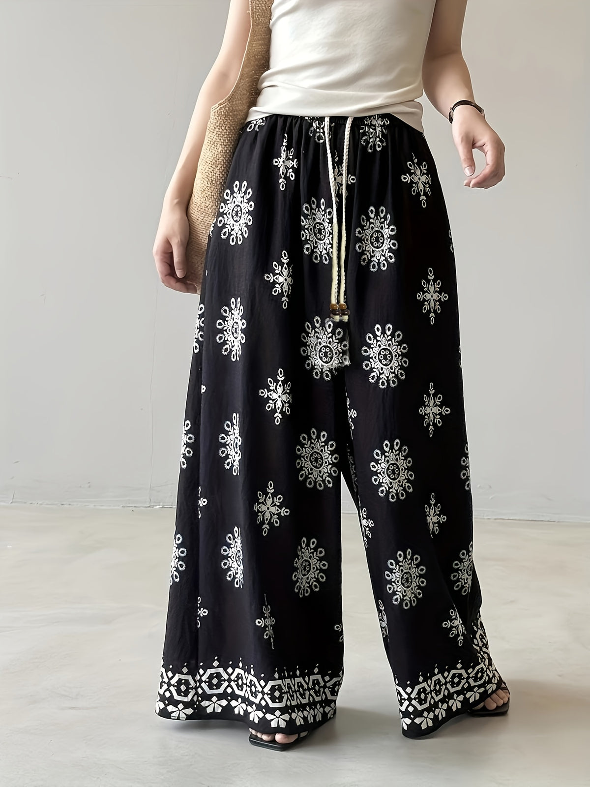 Bohemian Retro Print Drawstring Wide-Leg Pants Women'S Summer Thin Straight Drape Loose Casual Pants Summer Thin Print Casual Pants Women'S 2025 New Loose Lazy Style Breathable Ice Fiber Fabric Pants - Black
