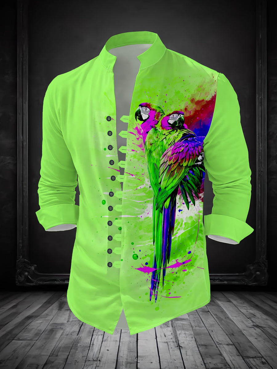 Men'S Fashion Stand Collar Long Sleeve Shirt with 11-Row Buttons Casual Versatile Top - Mixed Color 2