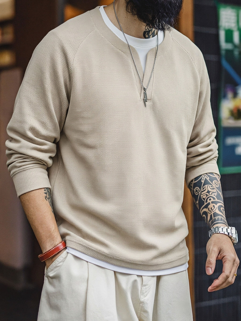 Men'S Long Sleeve Sweatshirt, Loose Fit, Waffle Fake Two-Piece Top, Spring/Autumn Casual Commute Wear, Men'S Casual Top, Men'S Gift, Spring/Autumn/Winter Holiday Wear, Ideal Gift Choice - Apricot