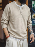 Men'S Long Sleeve Sweatshirt, Loose Fit, Waffle Fake Two-Piece Top, Spring/Autumn Casual Commute Wear, Men'S Casual Top, Men'S Gift, Spring/Autumn/Winter Holiday Wear, Ideal Gift Choice - Apricot