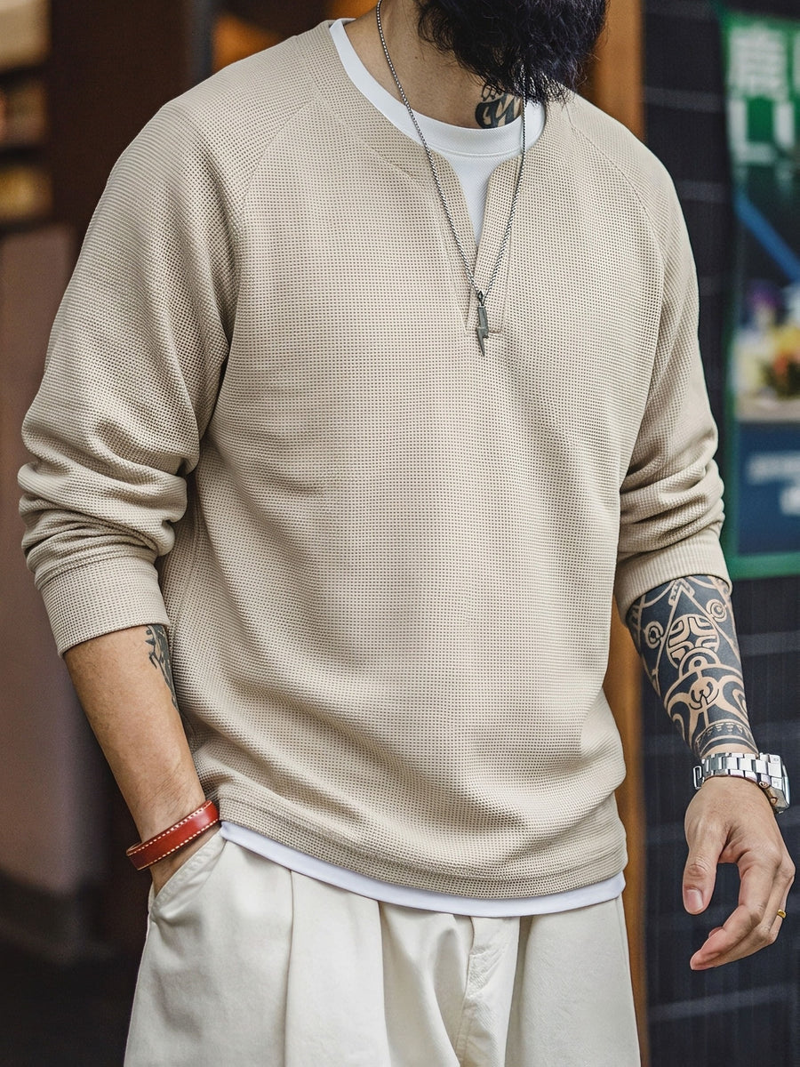 Men'S Long Sleeve Sweatshirt, Loose Fit, Waffle Fake Two-Piece Top, Spring/Autumn Casual Commute Wear, Men'S Casual Top, Men'S Gift, Spring/Autumn/Winter Holiday Wear, Ideal Gift Choice - Apricot