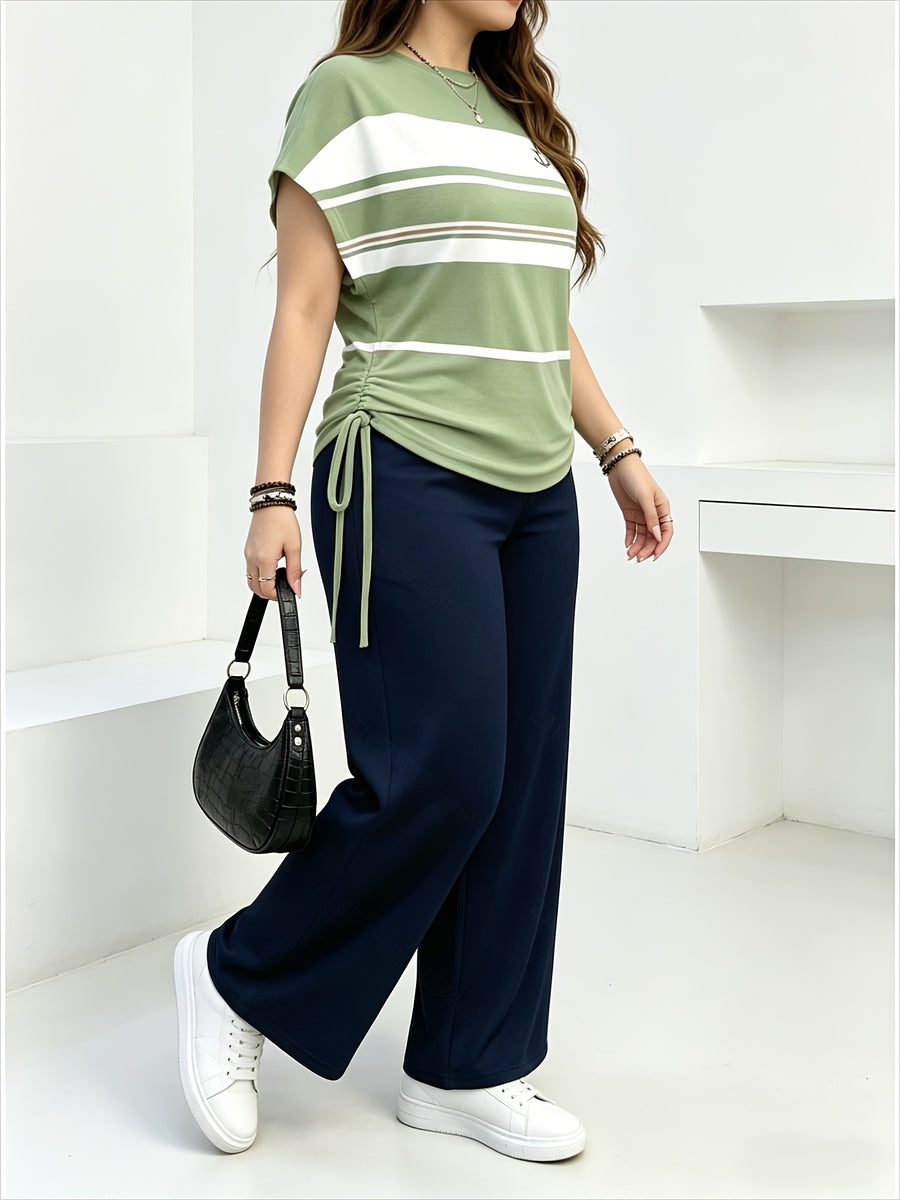 Ladies Two-Piece Set - Casual Minimalist Vacation Style Two-Piece Set - Red And Blue Stripe Design, Suitable for Summer And Autumn Transition Wear, Bow Side Drawstring - Multicolor 6