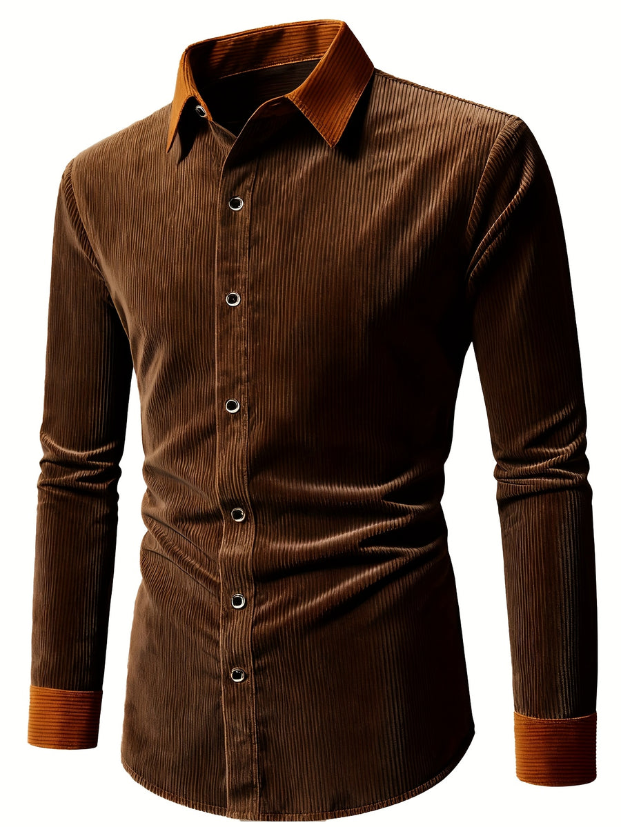 <Creative> Men's Long-Sleeve Spring/Autumn Formal Dress Shirt for Formal and Professional Wear, Patchwork Design, Two Solid Colors, Polyester, Suitable for All Seasons, Formal Long-Sleeve Button- Shirt - Coffee Color