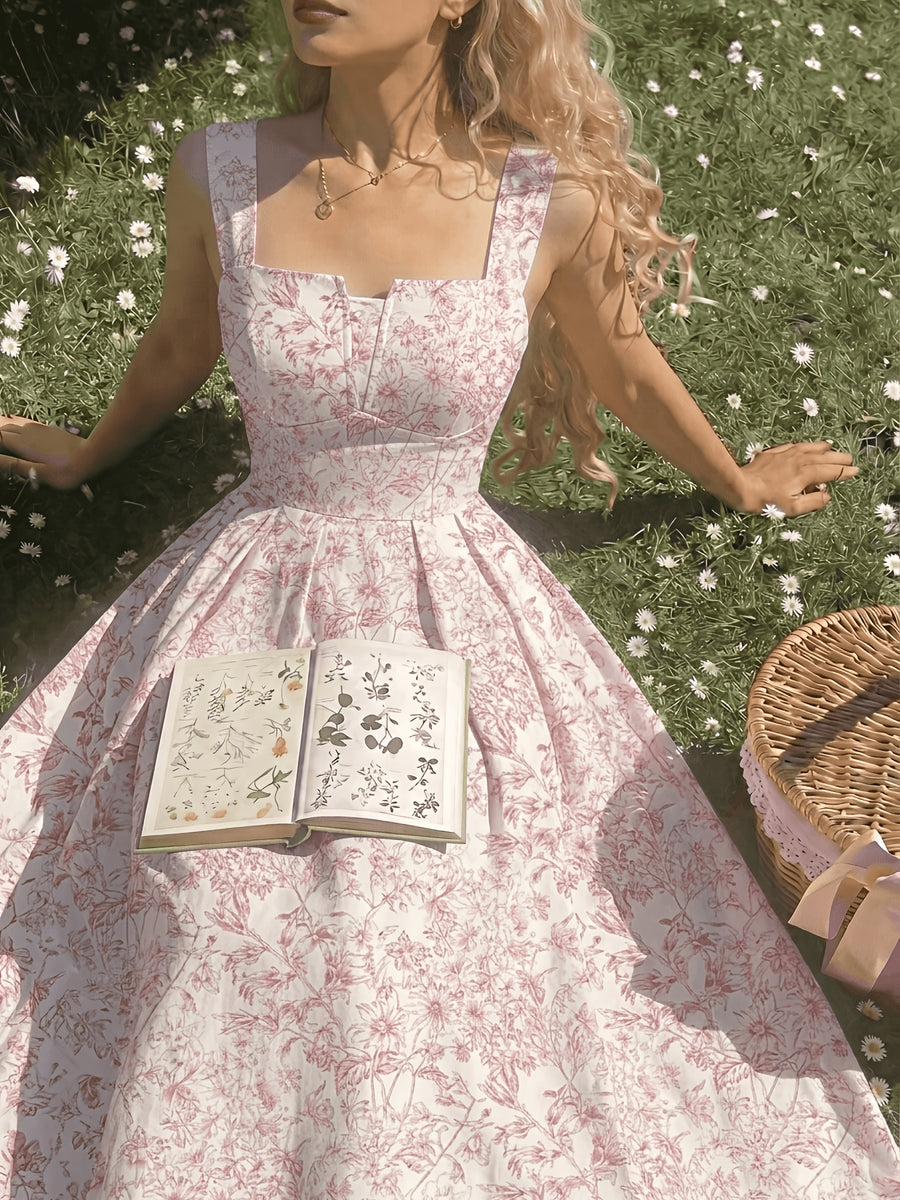 Women's Spring/Summer Romantic Floral Print Waist-Cinching Elegant Thick Spaghetti Suspender Dress for Vacation and Dates - Pink