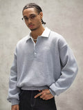 Men's Loose Fit Polo Collar Sweatshirt, Contrast Color White Collar Henley Pullover, Paris Letter Print Long Sleeve Casual Streetwear Top - Silvery Grey