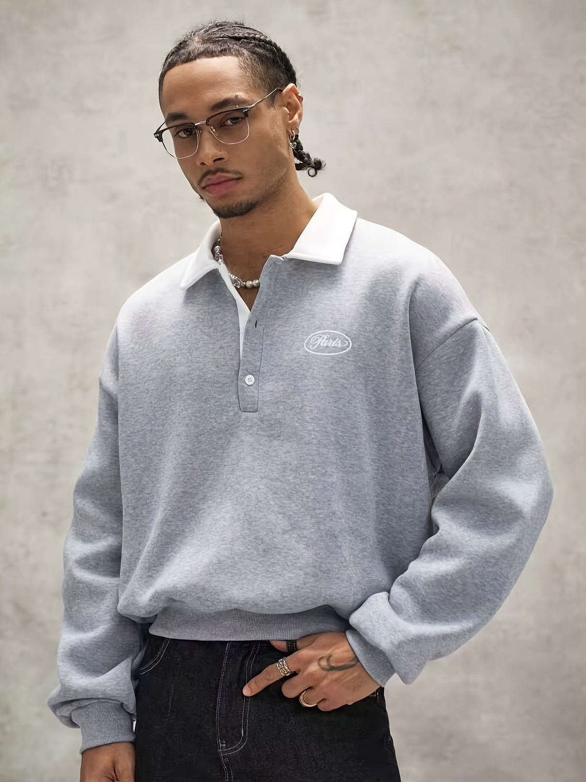 Men's Loose Fit Polo Collar Sweatshirt, Contrast Color White Collar Henley Pullover, Paris Letter Print Long Sleeve Casual Streetwear Top - Silvery Grey