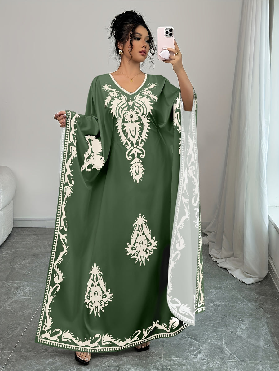 Casual Women's Middle Eastern Ethnic Print Loose Robe - Dark Green