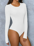 Basic Ribbed Bodysuit with Long Sleeves, Round Neck, Form-Fitting Design, Suitable for Wearing As a Versatile Layering Top - White