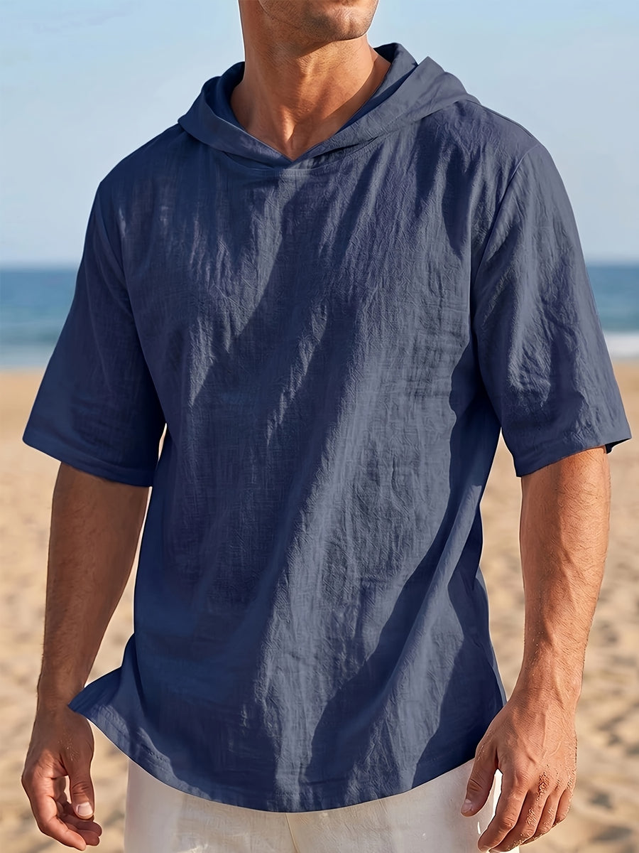 Men'S Linen Short-Sleeved Hoodie, Fashionable Men'S Top, Short-Sleeved Hoodie, Individual Trend, Comfortable And Breathable Fabric, Suitable for Outdoor Leisure, Camping, Vacation, Beach, Daily Street Wear - Navy Color