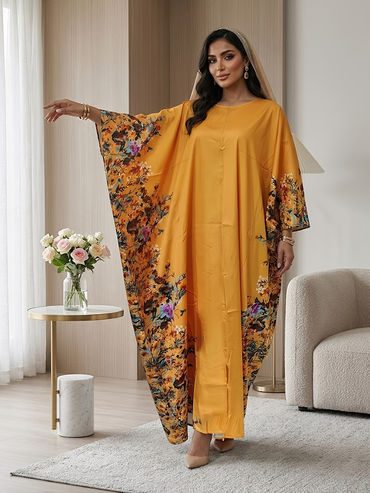 1pc Floral Print Crew Neck Abaya, Elegant Batwing Sleeve Split Maxi Dress, Women'S Clothing Maxi Abaya Dress Modest Prayer Dress for Muslim Women | Batwing Sleeves And Elegant Swing Hem for Everyday Outings And Travel Outfits - Yellow