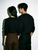 2pcs Matching Couple's Waffle Knit Long-Sleeve Henley T-Shirts, Raglan Sleeve Half-Button Placket Crew Neck Pullover Tops, Soft Stretchy Breathable Loose Fit Casual Basic Base Layers, Korean Minimalist Style Suitable for Dates, Daily Commutes - Black+black