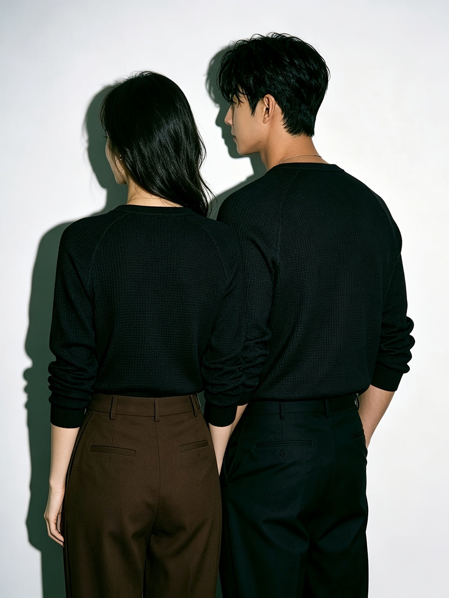 2pcs Matching Couple's Waffle Knit Long-Sleeve Henley T-Shirts, Raglan Sleeve Half-Button Placket Crew Neck Pullover Tops, Soft Stretchy Breathable Loose Fit Casual Basic Base Layers, Korean Minimalist Style Suitable for Dates, Daily Commutes - Black+black
