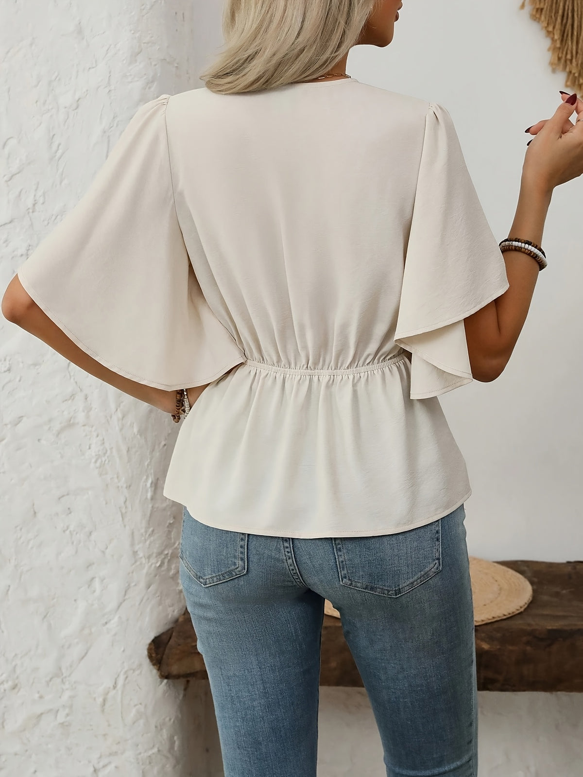 Women's Spring Summer French-Style Elegant Commuter Casual Vacation Solid Color V-Neck Button Decor Puffy Flared Sleeve Waist-Cinching A-Line Shirt - Apricot