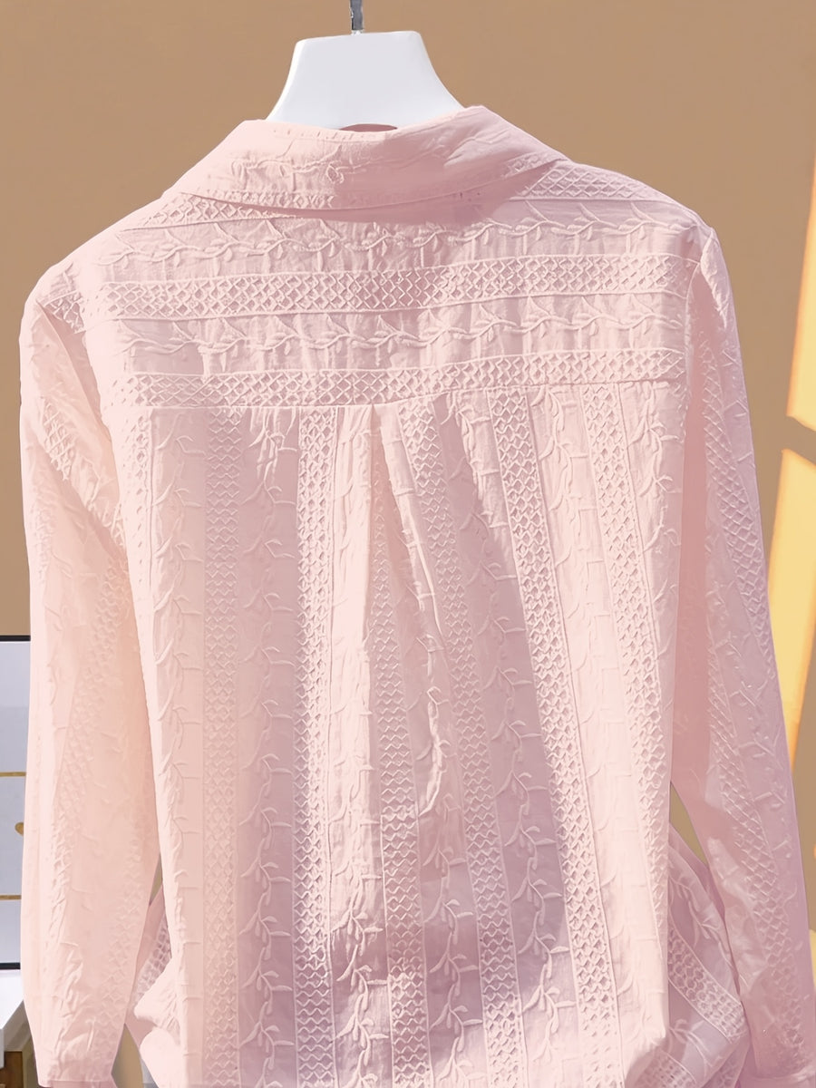 Fashionable and Versatile Polo Collar Shirt for Women, New Spring/Autumn Casual Simple Embroidered Base Layer Top - Light Pink Color
