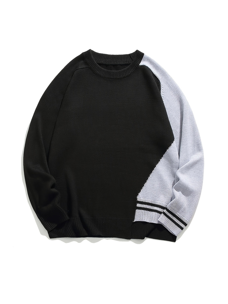 Men'S Color Block Asymmetric Patchwork Crew Neck Sweater, Versatile Casual Knit Pullover Top - Black