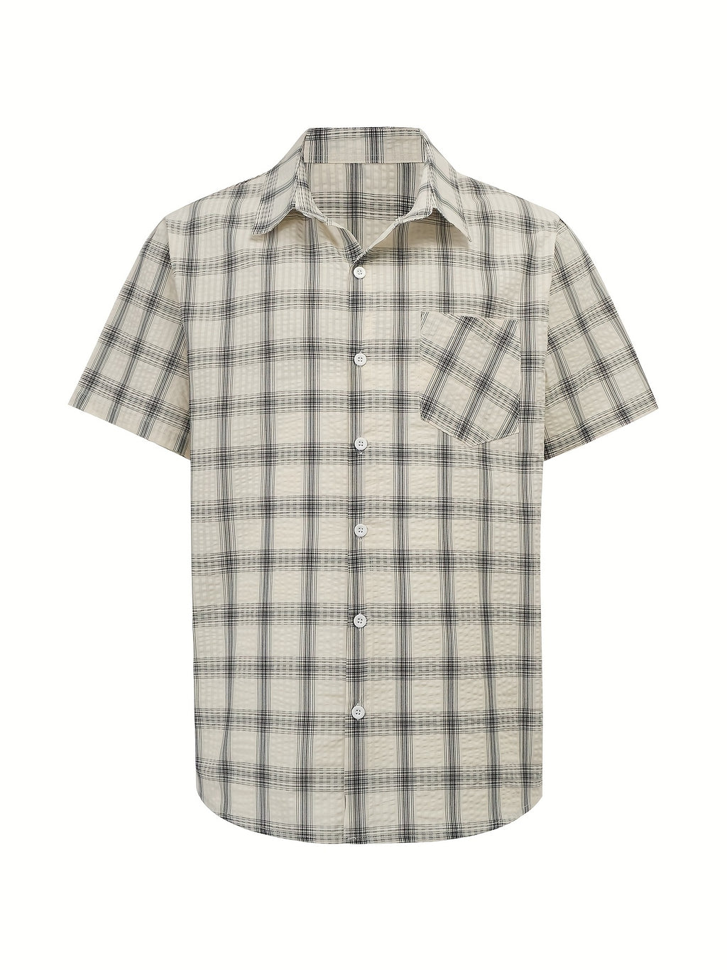 Men's casual 100% pure cotton striped checked shirt (suitable for casual wear during outings and weekend parties) Short-sleeved pocket design, button-down top - Milky
