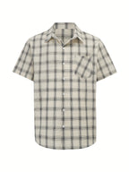 Men's casual 100% pure cotton striped checked shirt (suitable for casual wear during outings and weekend parties) Short-sleeved pocket design, button-down top - Milky