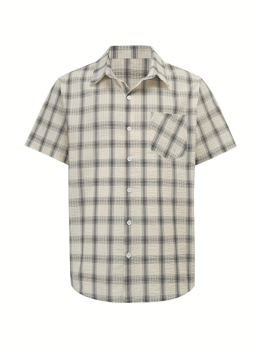 Men's casual 100% pure cotton striped checked shirt (suitable for casual wear during outings and weekend parties) Short-sleeved pocket design, button-down top - Milky