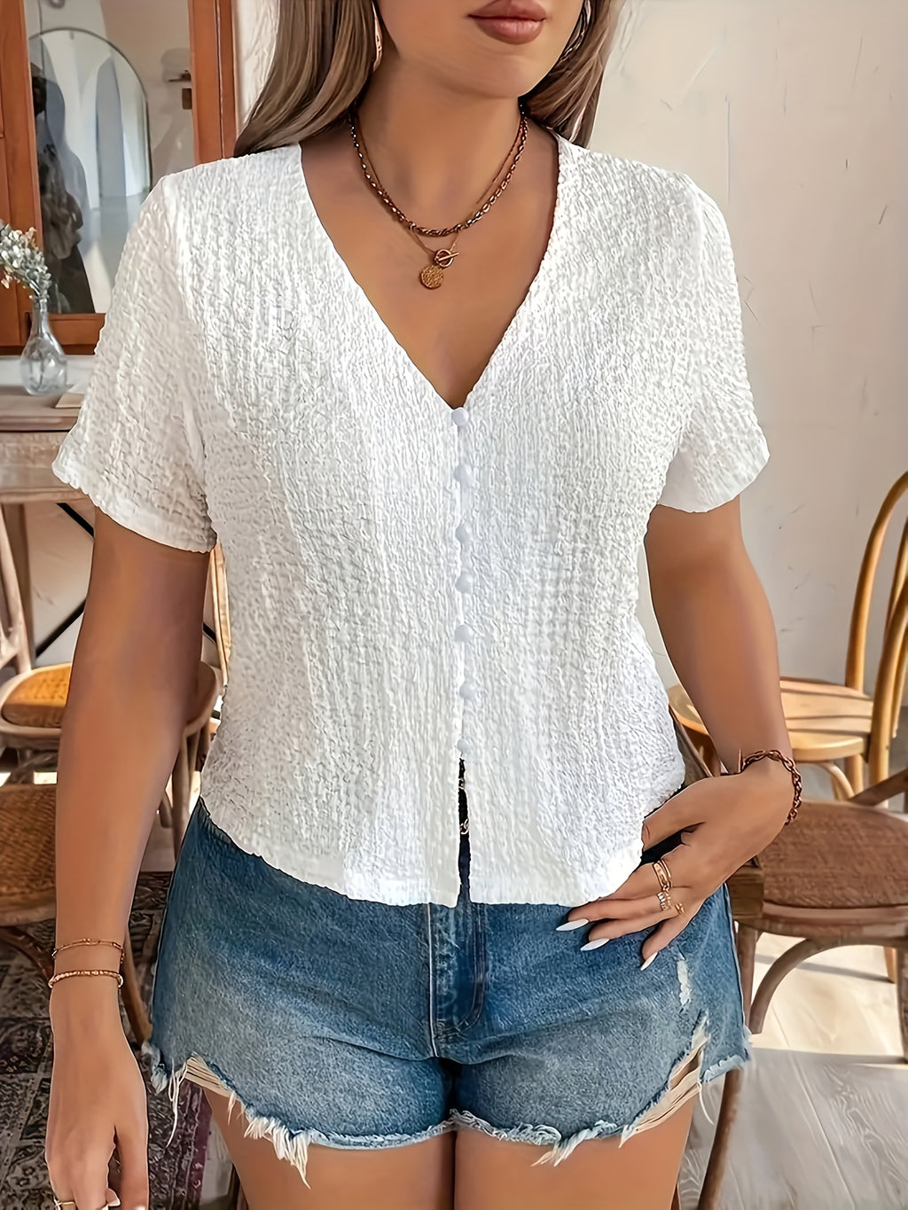 Button- V-neck Shirt - Milky