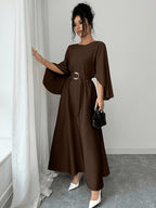 Elegant and Refined Women's Batwing Sleeve Cinched-waist Bridesmaid Dress, Suitable for Daily Commutes, Casual Outings, Dates, Parties, Graduation Ceremonies, Valentine's Day, and Other Occasions - Coffee Color