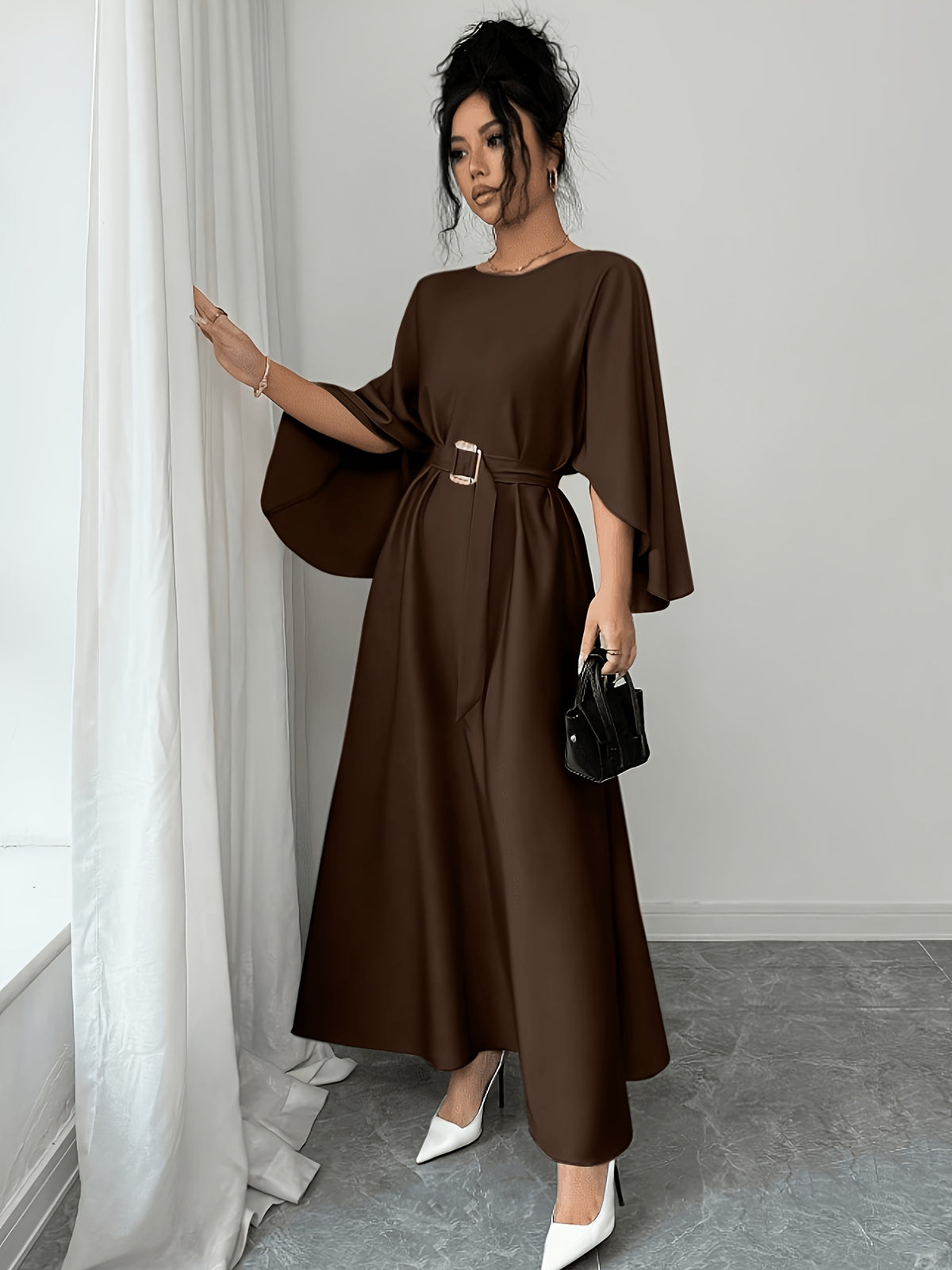 Elegant and Refined Women's Batwing Sleeve Cinched-waist Bridesmaid Dress, Suitable for Daily Commutes, Casual Outings, Dates, Parties, Graduation Ceremonies, Valentine's Day, and Other Occasions - Coffee Color