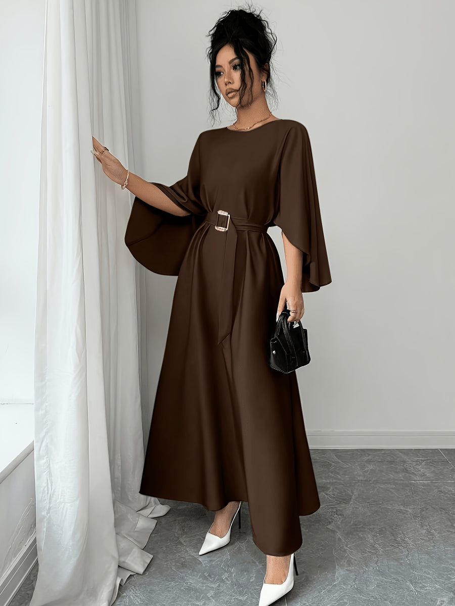 Elegant and Refined Women's Batwing Sleeve Cinched-waist Bridesmaid Dress, Suitable for Daily Commutes, Casual Outings, Dates, Parties, Graduation Ceremonies, Valentine's Day, and Other Occasions - Coffee Color